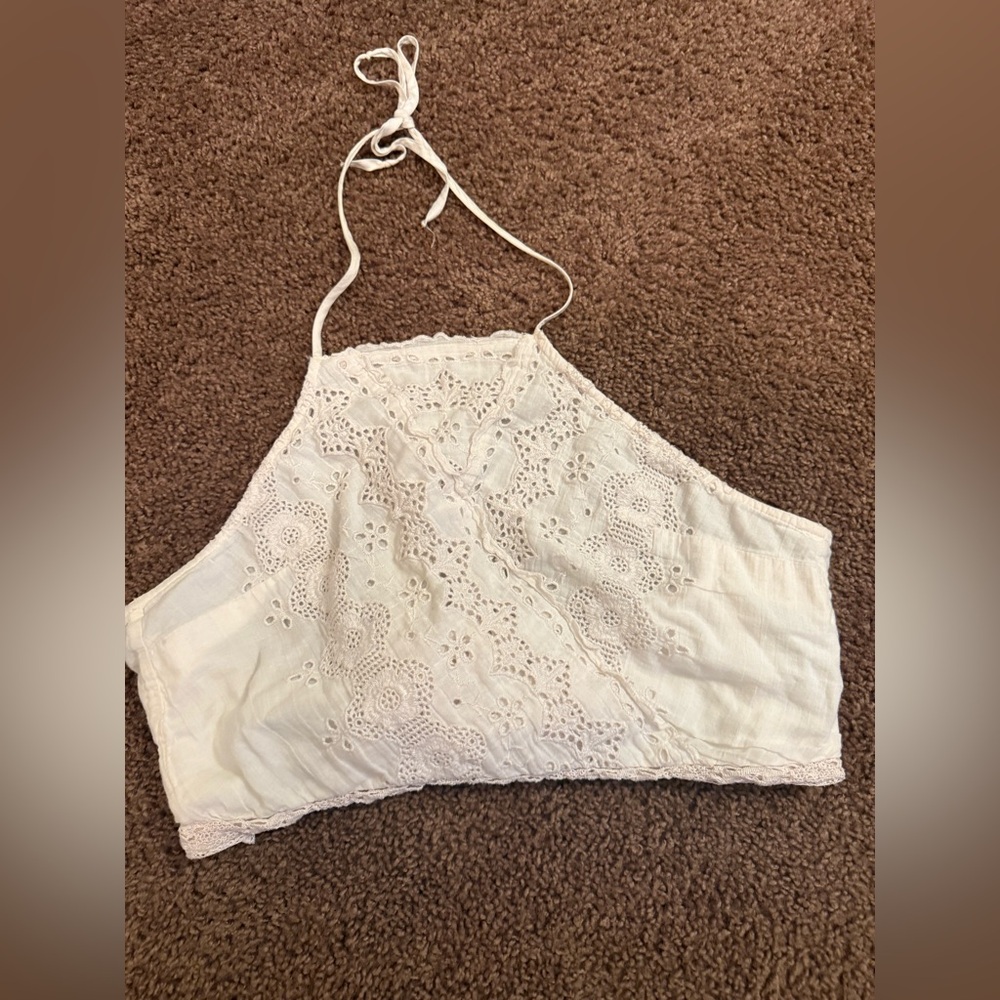 American Eagle Outfitters Lace Halter Tank in Soft Cream
